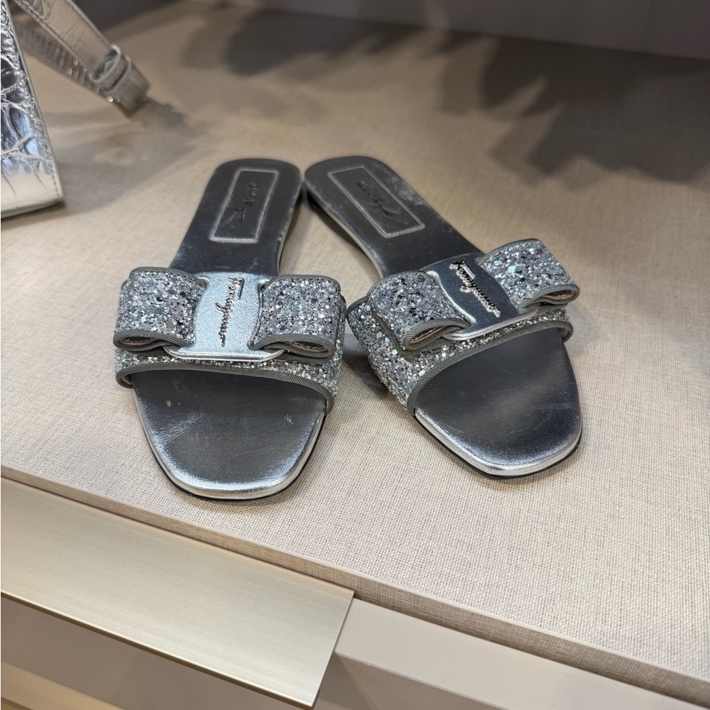 Salvatore Ferragamo Silver Glitter Sandals